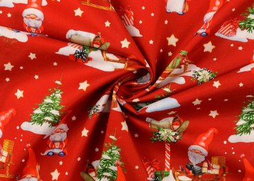 Weihnachtswichtel rot Weihnachtsstoff aus Baumwolle Webware mit Wichteln, Tannenbäumen und Geschenken